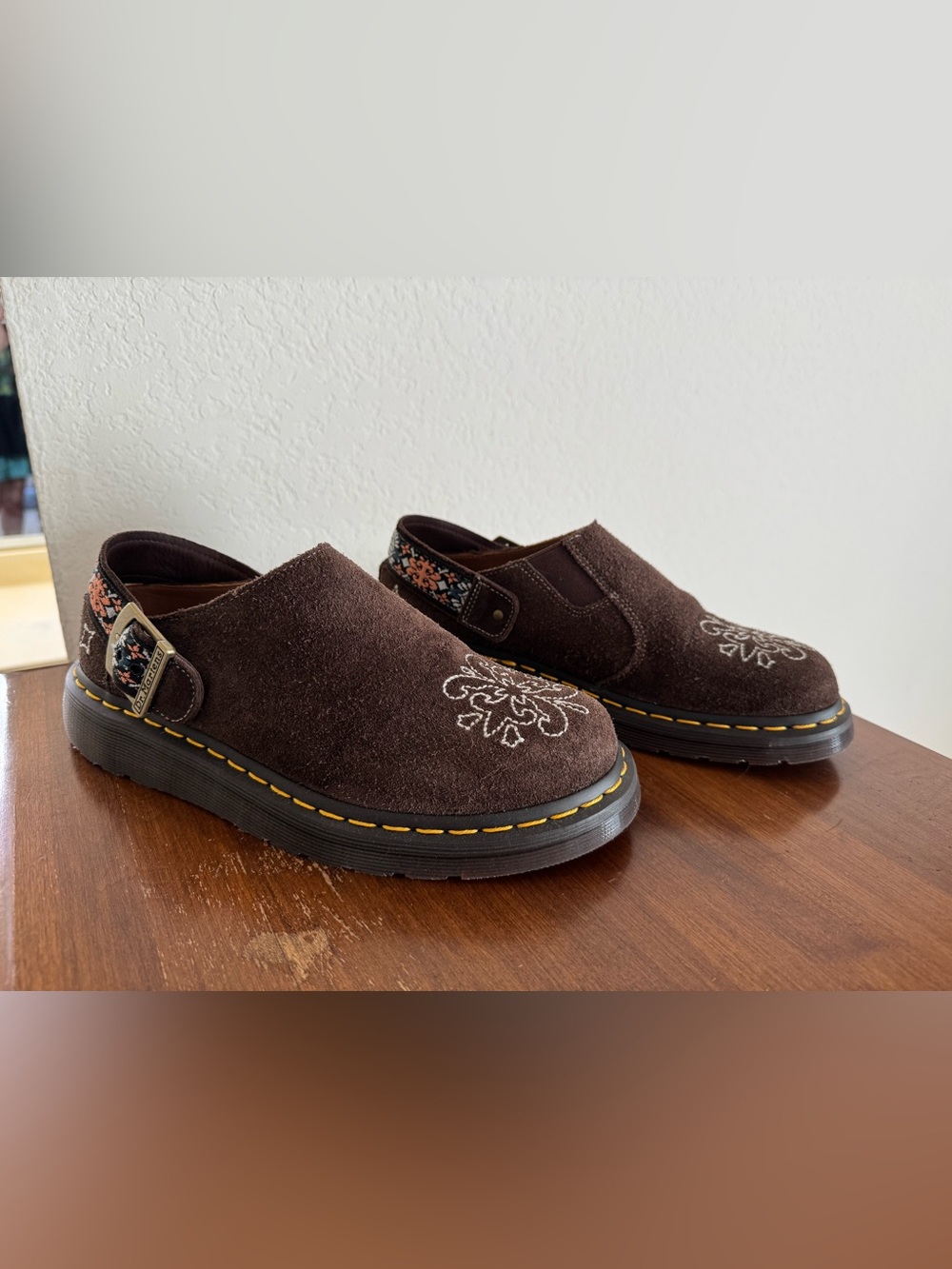 Dr. Martens Brown Suede Slip-On Clogs with Embroiderey